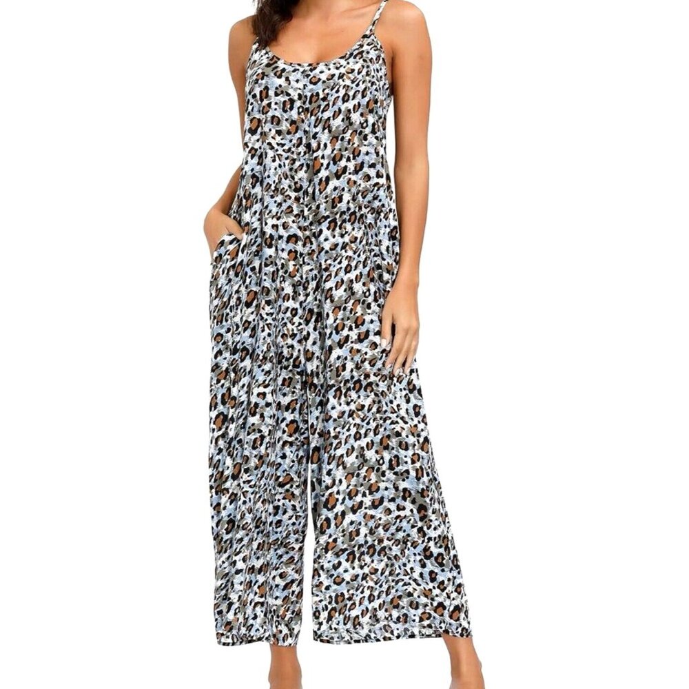 BUENOS NINOS Blue Leopard Print Adj Strap Jumpsuit With Pockets SZ MED NEW!
